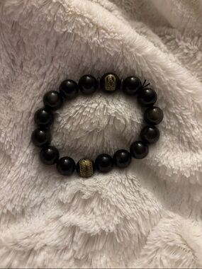 Brown Obsidian Beaded Stretch Bracelet with Decorative Gold Accent Beads